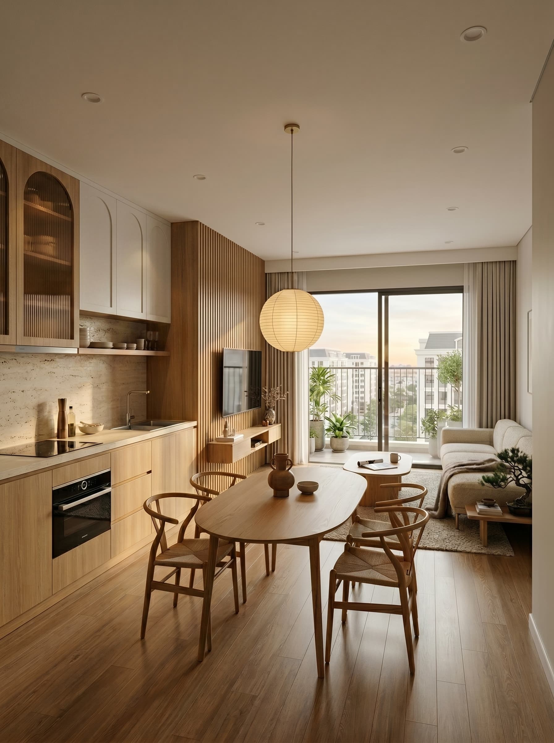1 PN 52m² — Khách + bếp liên thông — Japandi (tone ấm)