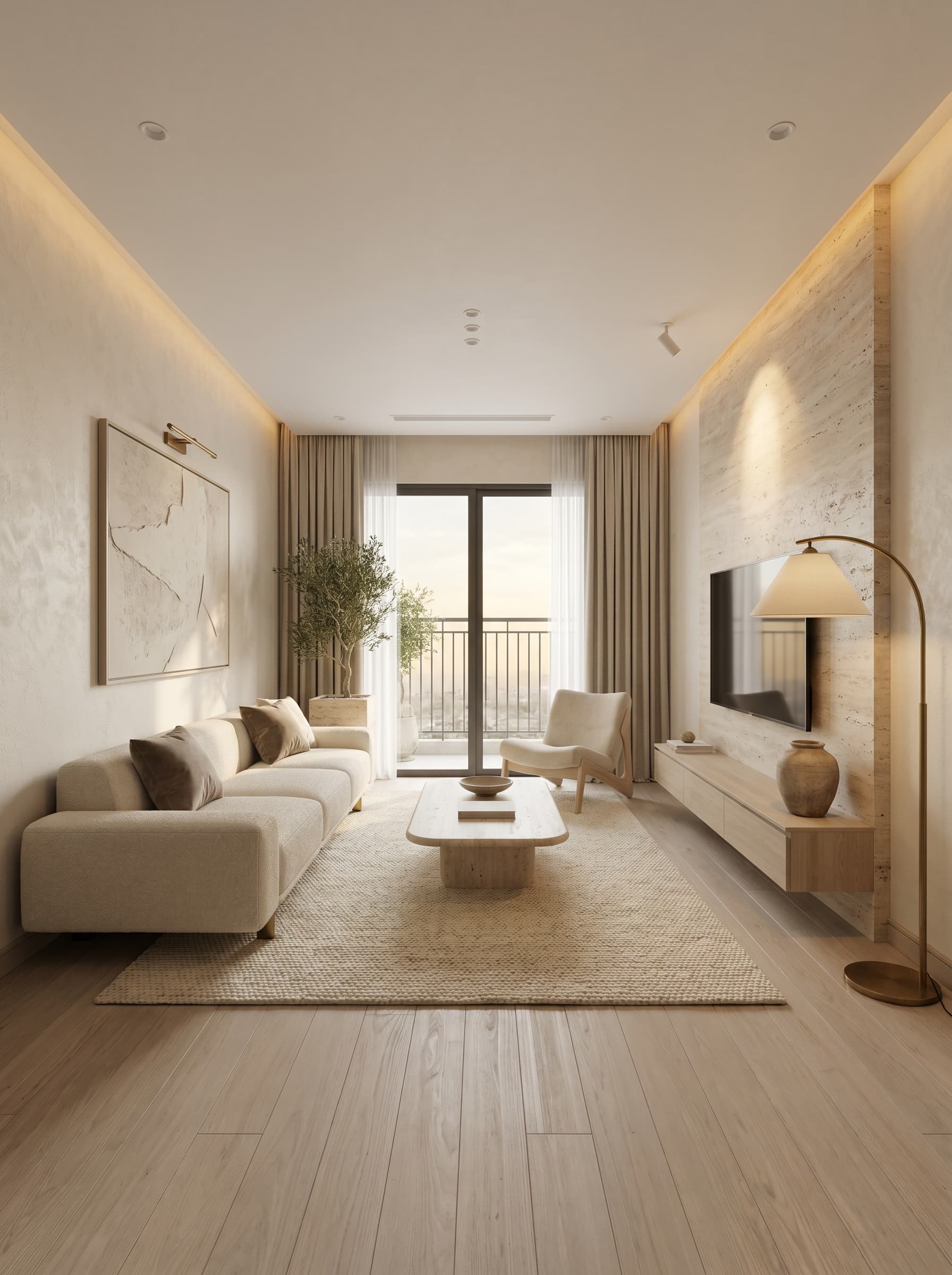 2 PN 68m² — Phòng khách — Modern Luxury (Warm Minimalism)