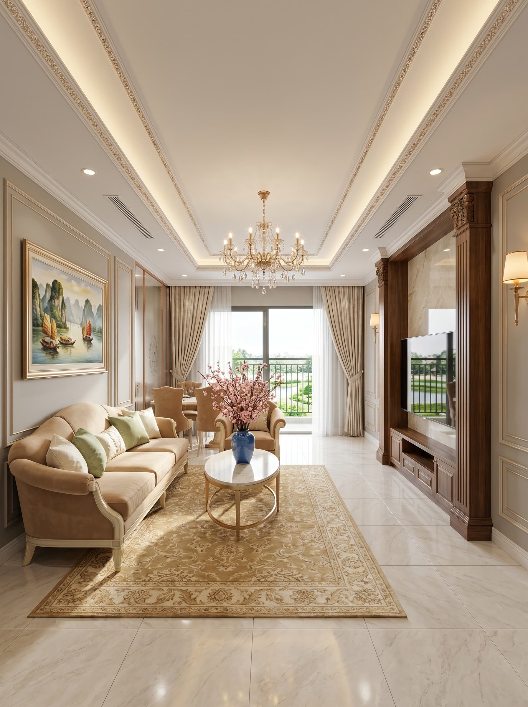 3 PN 110m² — Phòng khách lớn — Tân cổ điển